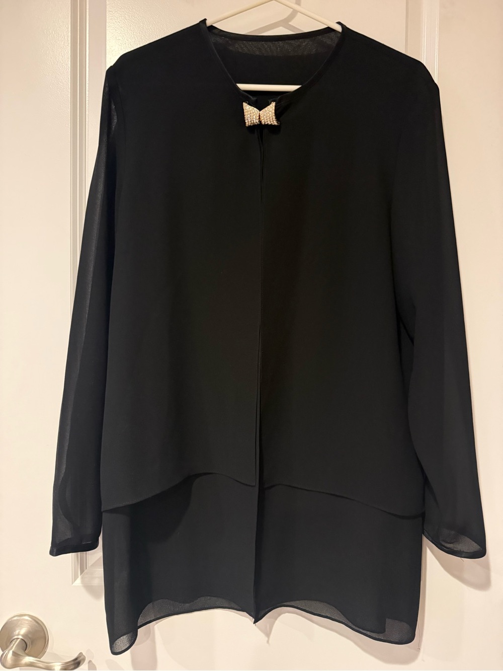 Vintage Black Sheer Layered Blouse with Rhinestone clasp Bow